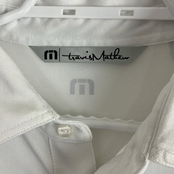 Travis Mathew White Polo Golf Shirt with Blue Front Stripe - Picture 5 of 9